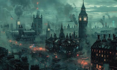 Steampunk cityscape with clock towers and steam trains, muted colors, vintage, highdetail illustration, classic and atmospheric,