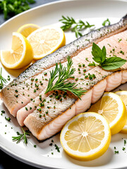 Fish fillets with lemon slices and herbs