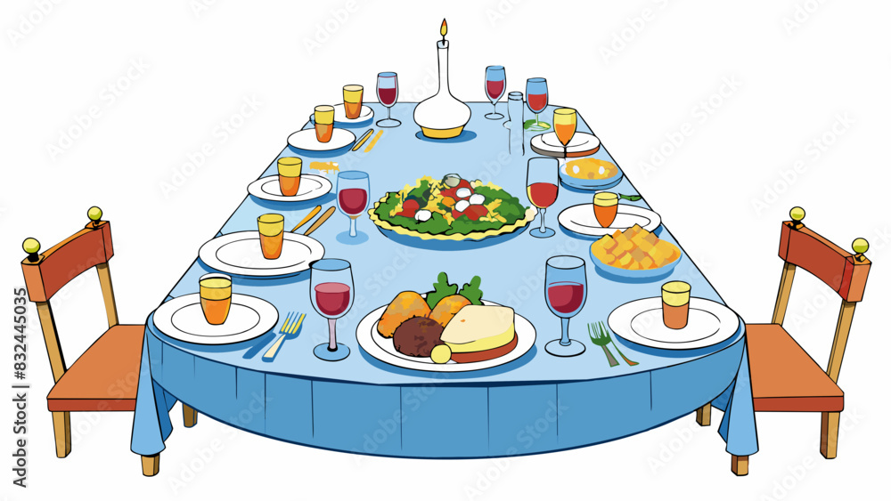 Poster A table set for a feast with plates lery and glasses for many guests reflecting an abundance of food and company.. Cartoon Vector.