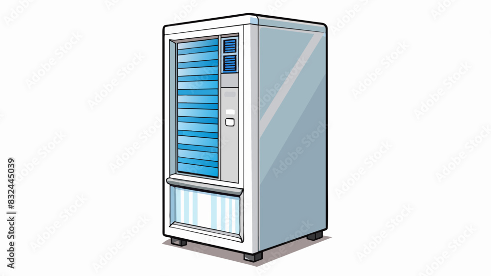 Fototapete A tall rectangular machine with a glossy white finish and a digital panel on the front. Inside there are multiple drawers and compartments to store. Cartoon Vector.