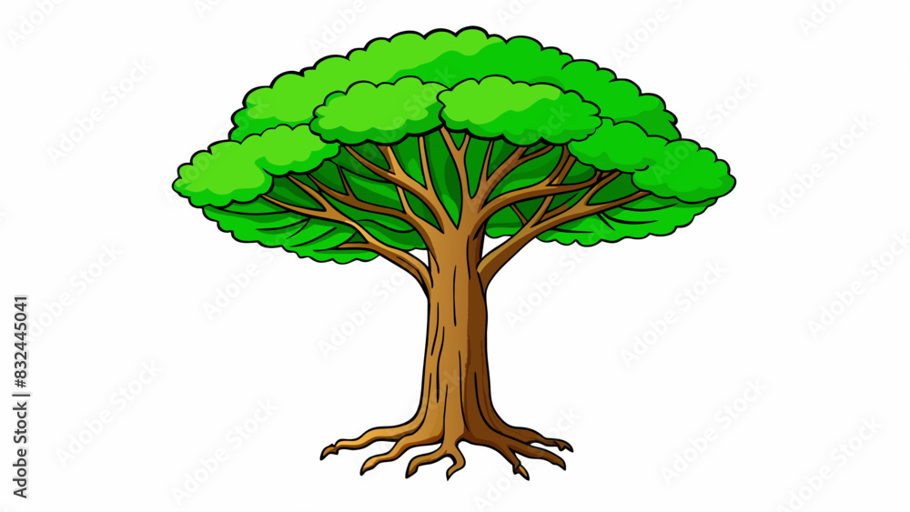 Poster a tall green tree with thick leafy branches reaching towards the bright blue sky its strong trunk ro
