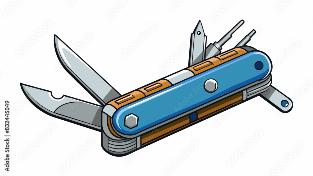 Poster A sy silver pocket knife with multiple blades and tools neatly folded into its compact frame.. Cartoon Vector.