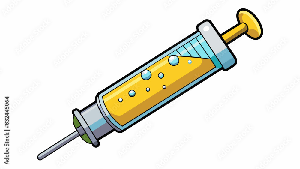 Poster A syringe with a clear liquid inside and a thin sharp needle attached to the end. The liquid has a slightly yellow tint and small air bubbles can be. Cartoon Vector.
