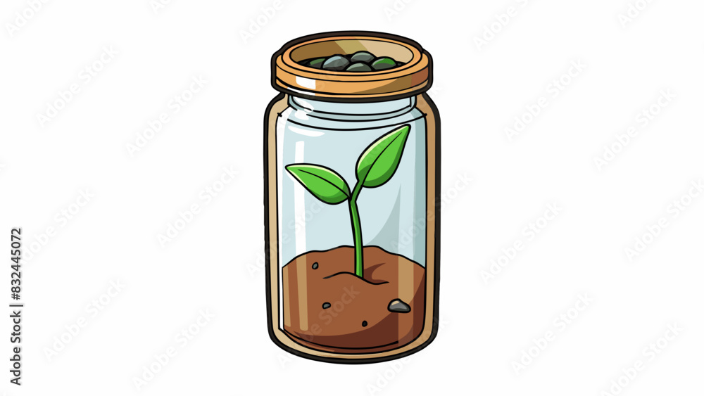 Poster a tall cylindrical glass jar filled with soil and a sprouted seed at the bottom. the seedling is jus