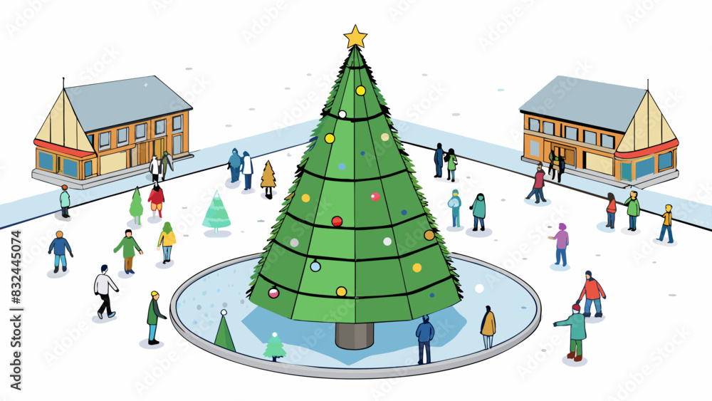 Poster a tall evergreen tree stands in the center of a bustling city square adorned with shiny ornaments an