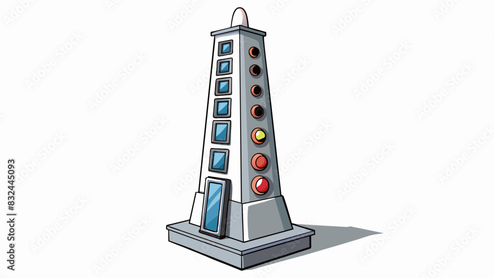 Poster A tall sleek metal structure with multiple s and buttons sitting on a flat surface. Its surface is polished reflecting the light that shines on it.. Cartoon Vector.