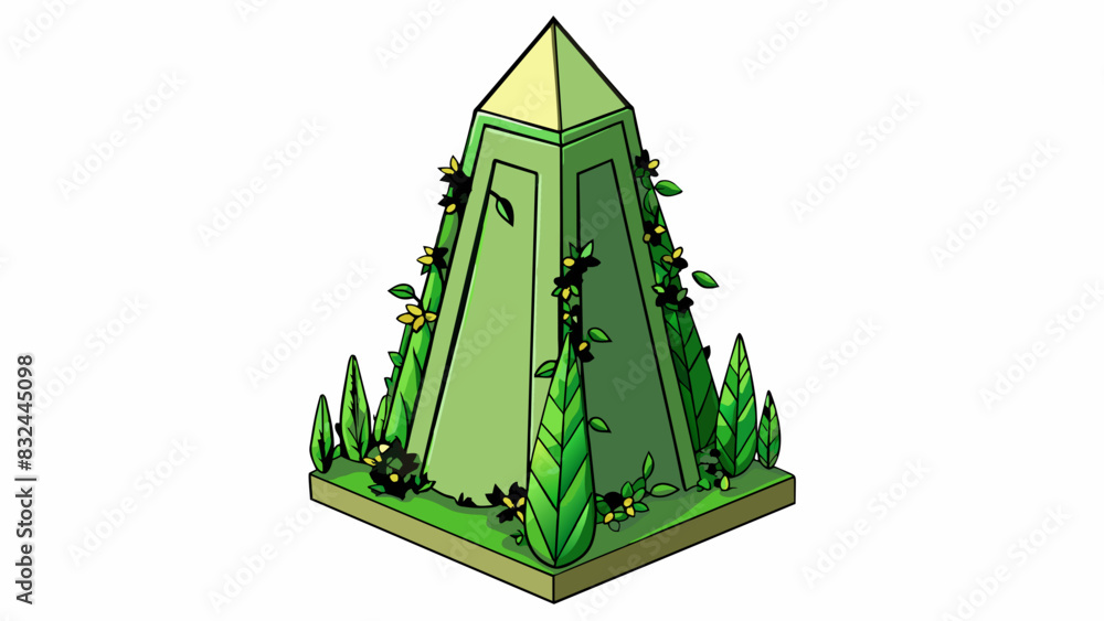 Poster A tall rectangular structure with sy walls and a pointed top covered in vines and surrounded by lush greenery.. Cartoon Vector.