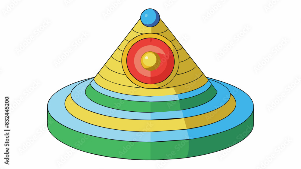 Poster A target is a threedimensional figure resembling a pyramid with a circular base. Its surface is covered in colorful circles with the smallest one at. Cartoon Vector.