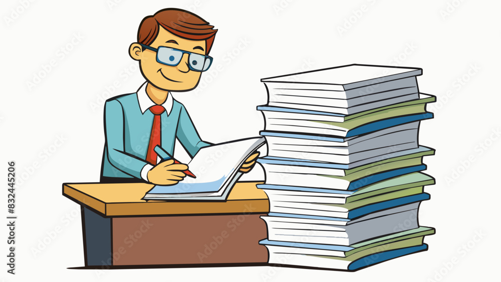 Poster A teacher carefully grading a stack of student papers carefully reading through each one and leaving thoughtful comments in the margins.. Cartoon Vector.