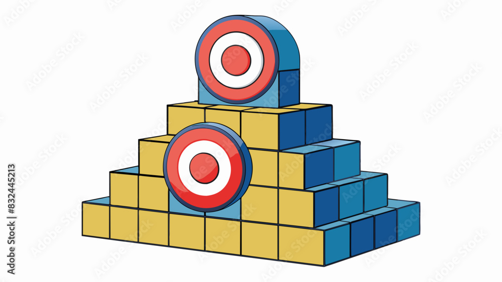 Poster A target is a series of stacked blocks each one with a different colored circle on top. The top block is smaller than the ones below it creating a. Cartoon Vector.