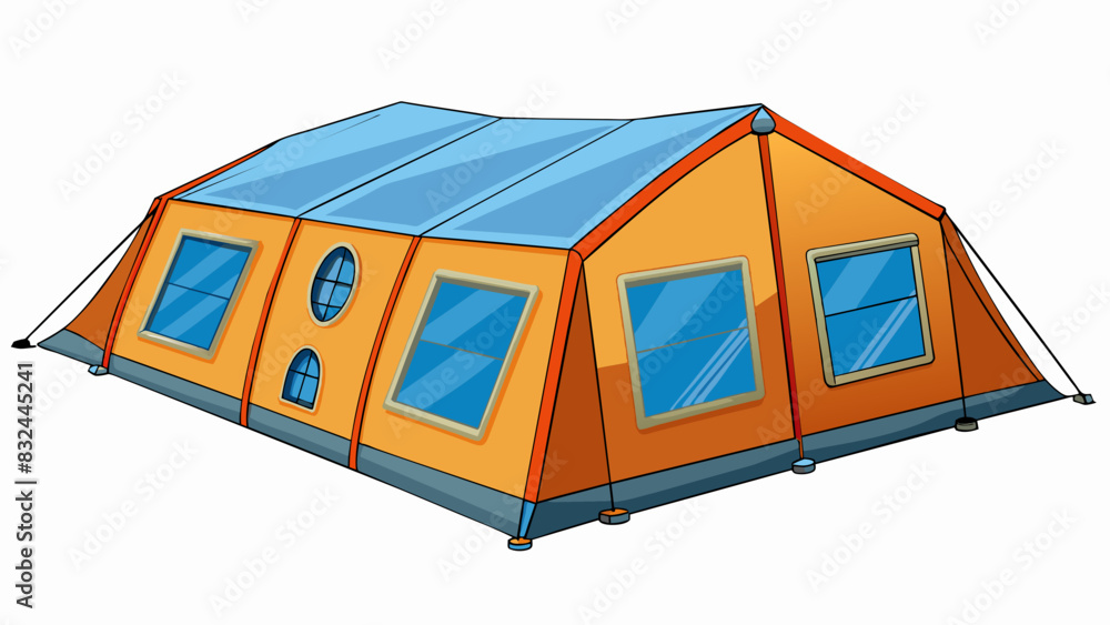 Poster a tent is set up in a refugee camp as temporary shelter. the tent is made of sy material and has mul