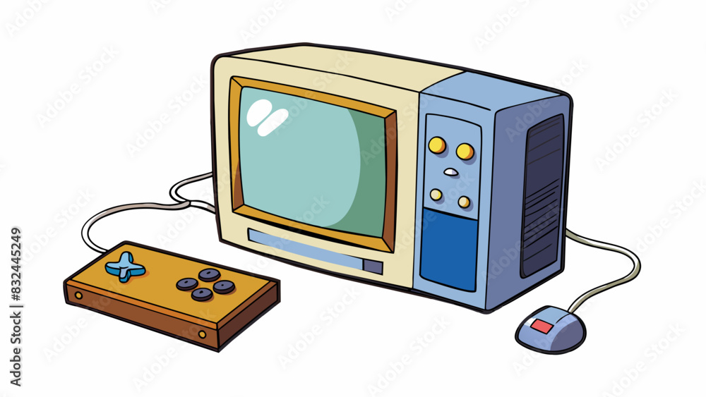 Aufkleber A television set with a large flat screen and sleek black frame. The remote control is covered in buttons and the TV is connected to a cable box and. Cartoon Vector.