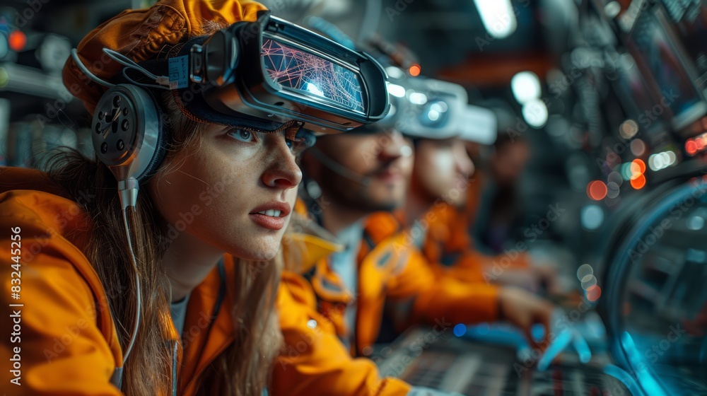 Wall mural photograph of A group of aerospace engineers collaborates to design a new spacecraft. Using a virtual reality headset to simulate flight conditions. There is fair light at the picture angle.