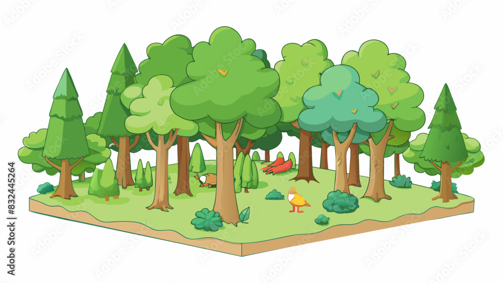 Fototapete A thick forest filled with a diverse array of trees The sound of rustling leaves and chirping birds surrounds you as you enter this lush green space.. Cartoon Vector.