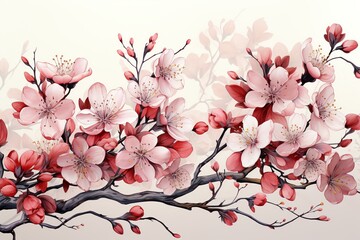 A charming watercolor floral border with cherry blossoms and subtle green branches on a light pink background