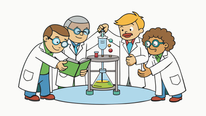 A team of scientists are huddled together in a lab carefully assembling a complex experiment. They use delicate instruments and precise measurements. Cartoon Vector.