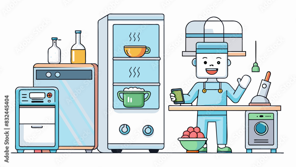 Poster A tingedge kitchen appliance with smart technology allowing it to be controlled remotely through a phone app. It also features voicerecognition. Cartoon Vector.