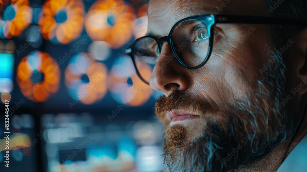 Aufkleber a determined trader with glasses closely monitors stock market trends on multiple screens, analyzing