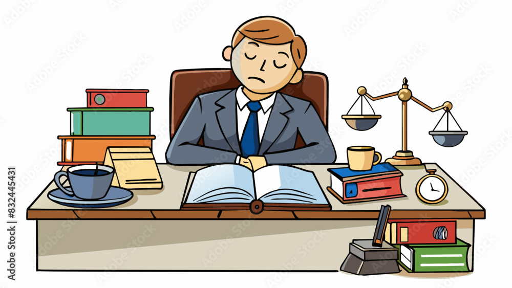 Poster A tired proseor slumped over a cluttered desk surrounded by coffee cups and stacks of case files as they meticulously prepare for the upcoming trial.. Cartoon Vector.