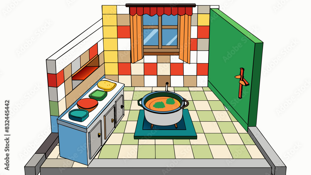 Poster a tiny kitchen with brightly colored tiles and mismatched dishes stacked in the sink. the countertop