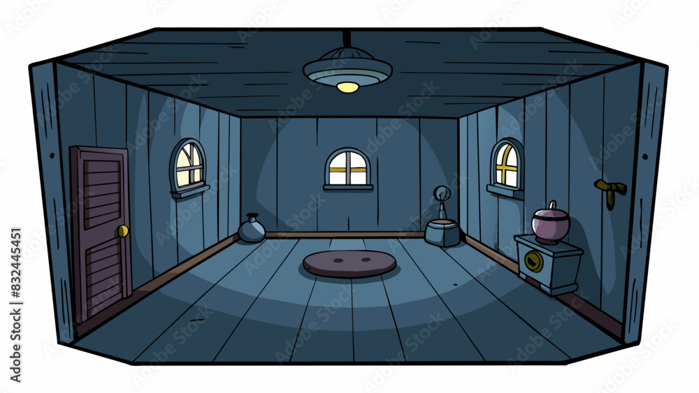 Poster A totally dark room As you enter the room you are engulfed in complete darkness. No light filters in from outside and there are no windows or sources. Cartoon Vector.