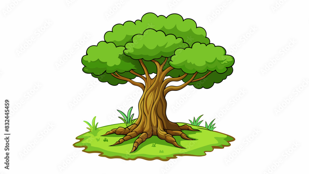Poster A towering leafy tree with gnarled roots reaching out from its base casting a cool shade over a grassy clearing.. Cartoon Vector.