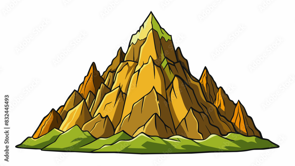 Poster a towering mountain peak covered in rugged rock formations and standing tall against the forces of n