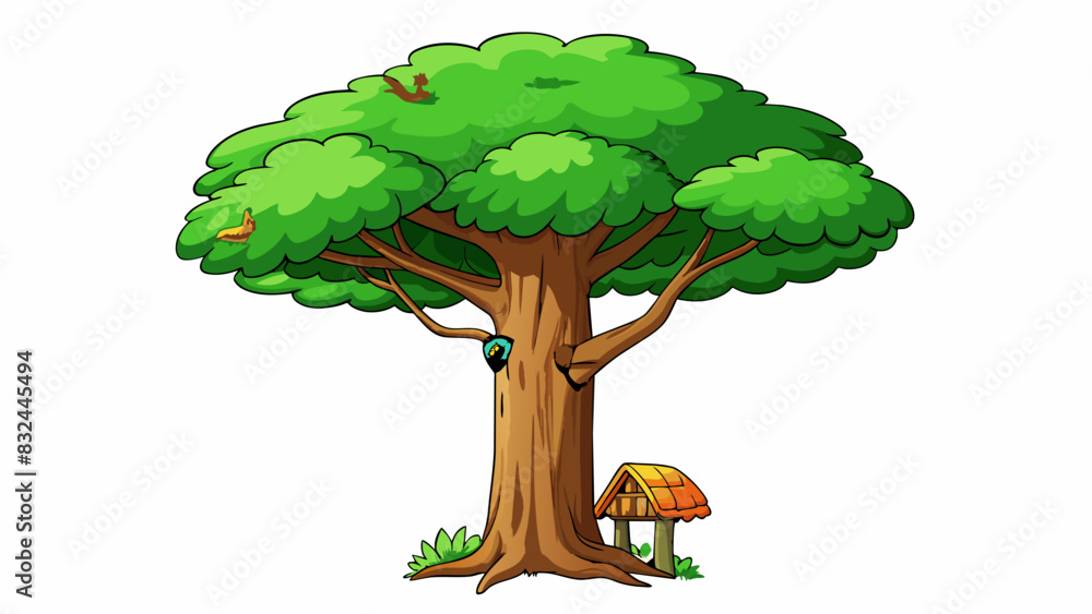 Poster a towering tree its gnarled bark covered in deep grooves and a canopy of bright green leaves providi