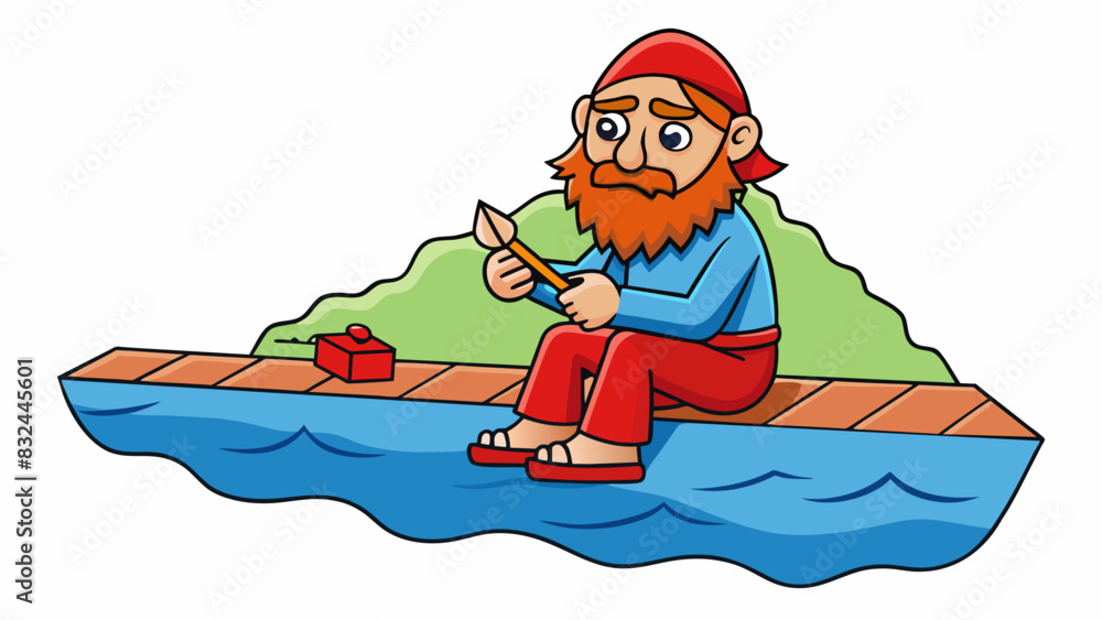 Aufkleber a traveler sat on the edge of a river using a small foldable razor to shave his scruffy beard. the r