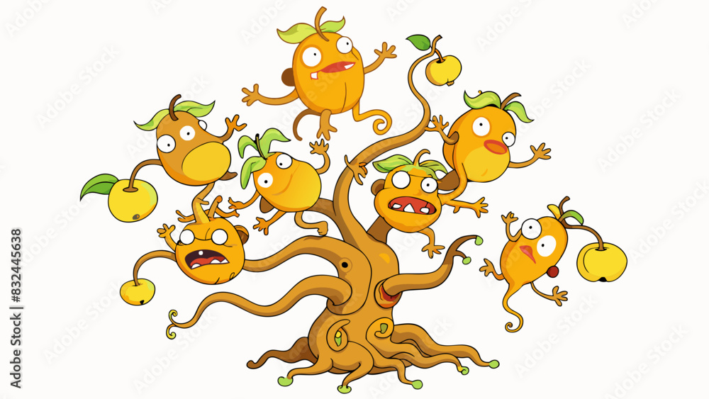 Poster a tree with twisted gnarled branches covered in shiny ripe fruit as a group of greedstricken monkeys