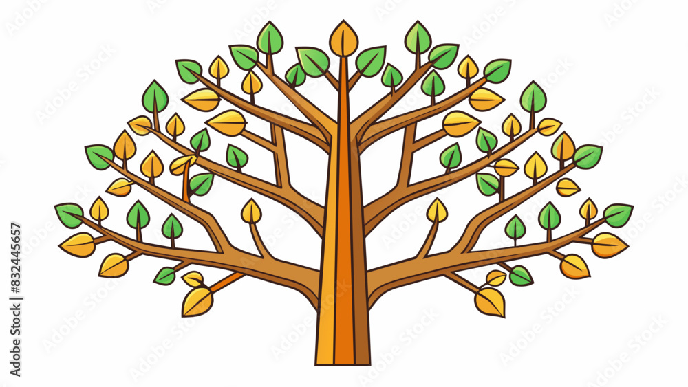 Fototapete A tree with multiple branches extending out in different directions with leaves spread out evenly along each branch. The trees leaves are distributed. Cartoon Vector.