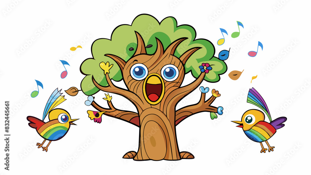 Poster a tree with rainbowcolored leaves and talking birds that sing opera in perfect harmony.. cartoon vec