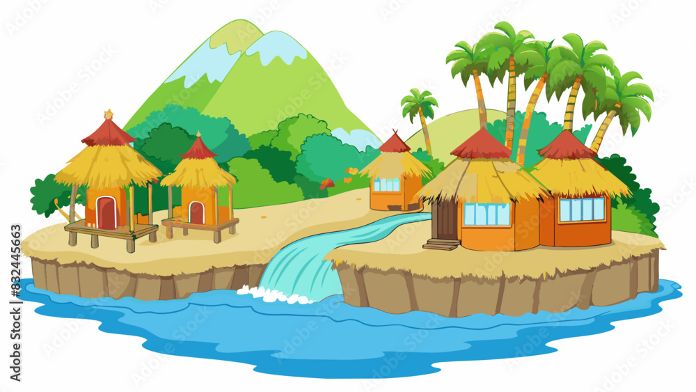 Poster a tropical island dotted with brightly painted huts along the shoreline. the huts are made of bamboo