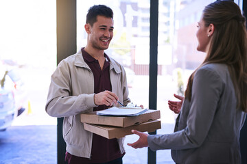 Woman, food and deliveryman with document for signature at front door of apartment building. Smile,...