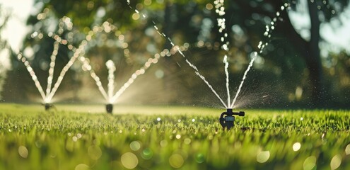 sprinklers spraying water on the green grass, water droplets glisten under sunlight