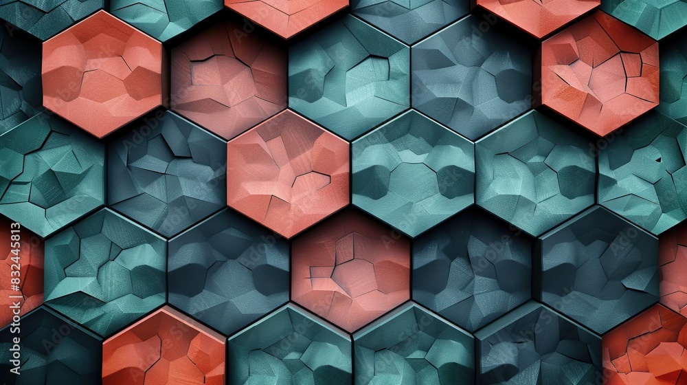 Poster background pattern of interlocking hexagons in teal and coral