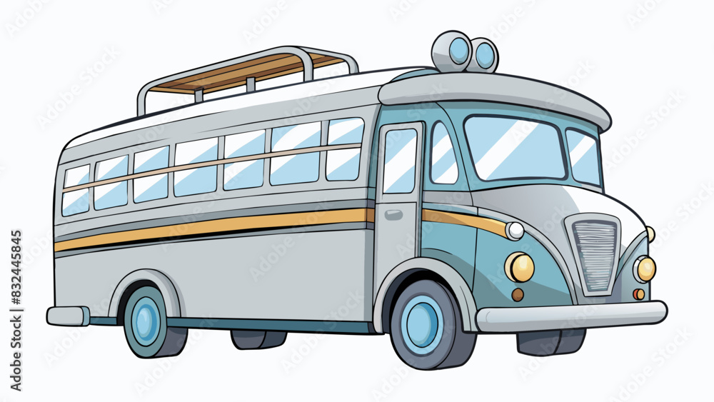 Poster A vintage retrostyle bus with a round silver exterior and a large sign on the front displaying its route. It has a distinct engine rumble and leather. Cartoon Vector.