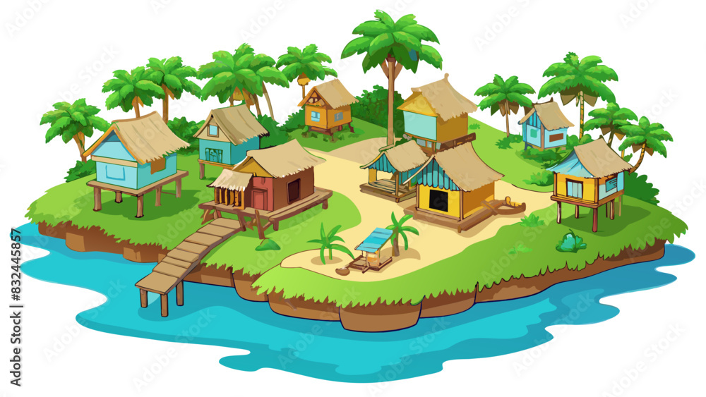Aufkleber a vibrant jungle settlement with homes built on stilts to protect against flooding and woven palm le