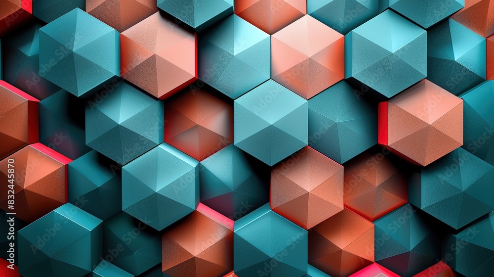Poster background pattern of interlocking hexagons in teal and coral