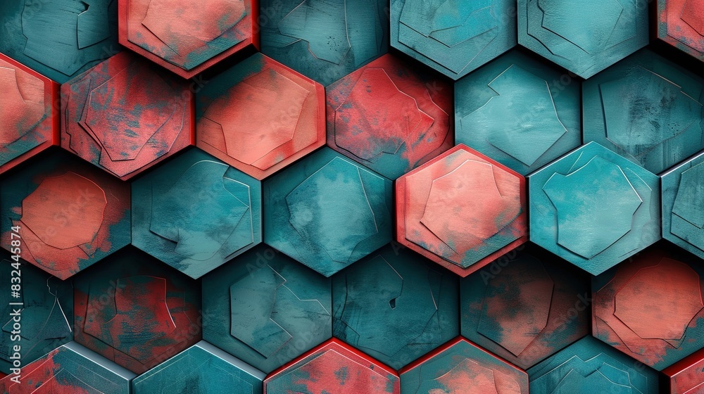 Poster background pattern of interlocking hexagons in teal and coral