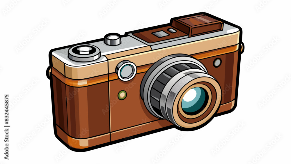 Poster A vintage camera with a black leather covering and a shiny lens. The body is rectangular and has dials and buttons on the top for adjusting settings.. Cartoon Vector.