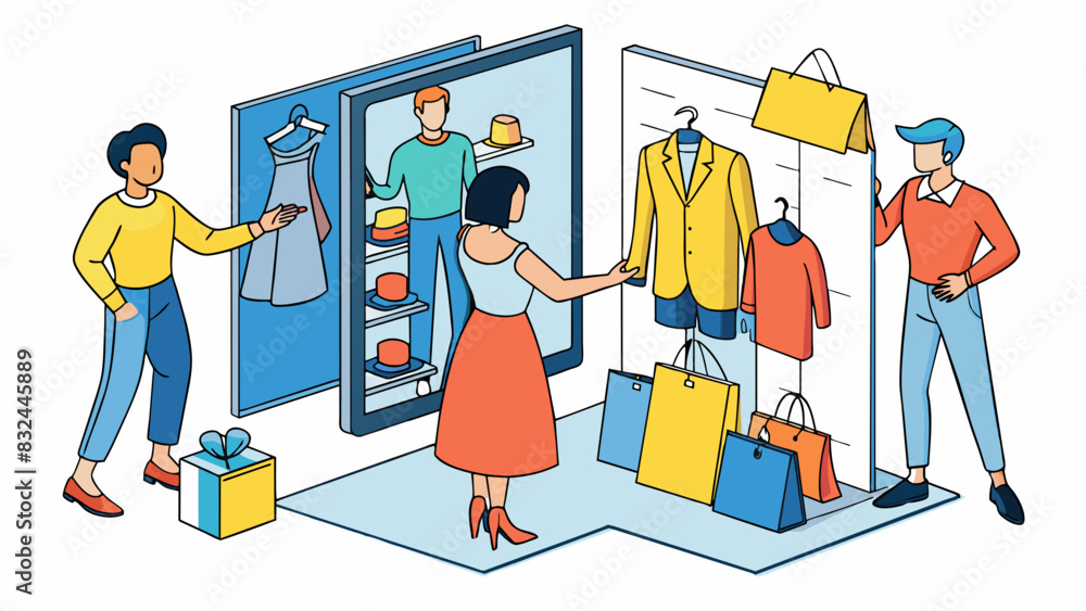 Aufkleber A virtual shopping experience where customers can browse try on and purchase items from the comfort of their own home using realistic 3D product. Cartoon Vector.