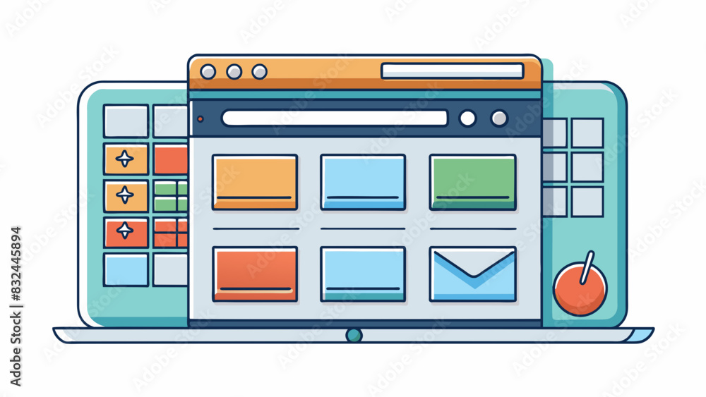 Poster A virtual framework in the form of a website template featuring a grid layout with clearly defined sections and buttons for navigation. This framework. Cartoon Vector.