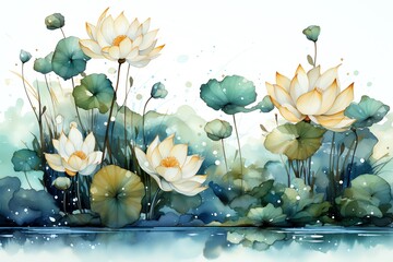 A tranquil watercolor floral border with water lilies and lotus flowers on a soft teal background
