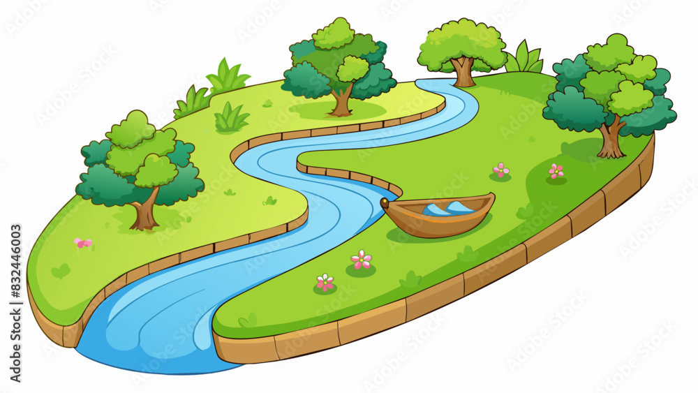 Poster a wide lazy river winding through a lush green valley dotted with towering magnolia trees and s of w