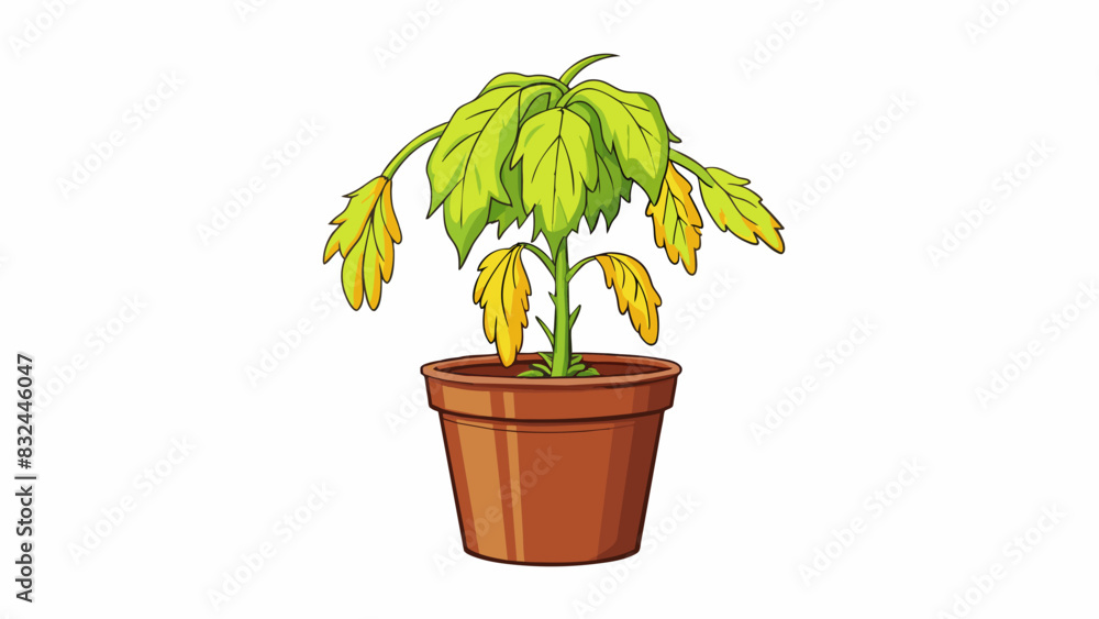 Aufkleber a wilted and drooping houseplant with yellowing leaves and a layer of dust covering its pot. its ste