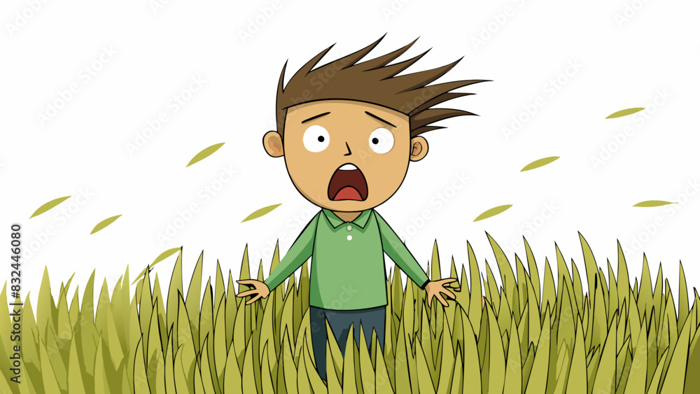 Poster A wide open field with tall grass rustling in the wind as a person stands in the middle letting out a fierce roar of frustration.. Cartoon Vector.
