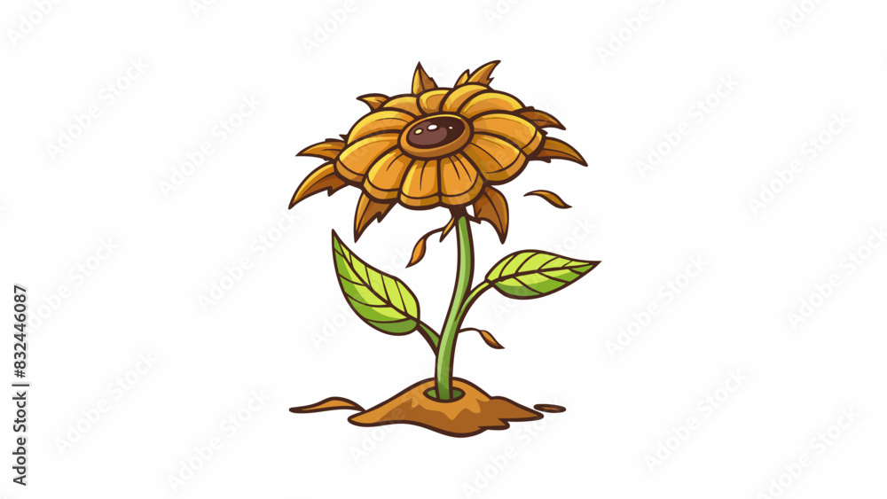 Poster a wilted flower with drooping petals surrounded by brown withered leaves and a browning stem.. carto