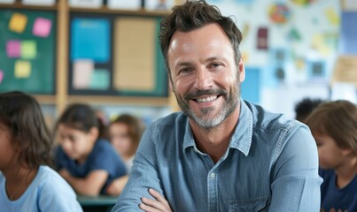 Smiling Male Teacher in Classroom with Students