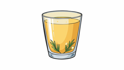 A wide shallow glass filled with a clear pale golden liquid. Its light floral scent gives way to a crisp refreshing taste with a subtle honeyed. Cartoon Vector.